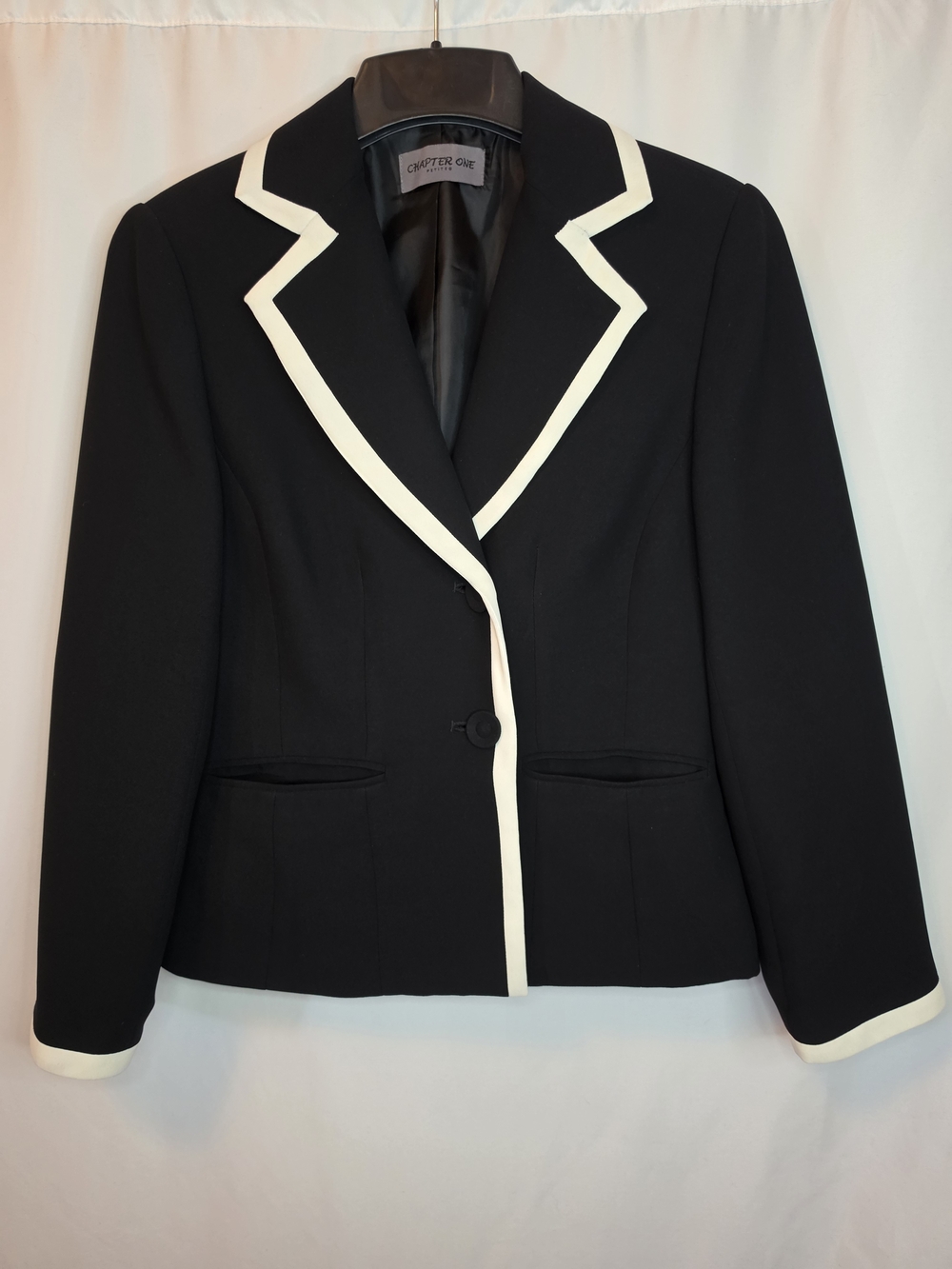 Chapter One Black Blazer with White Piping Trim.